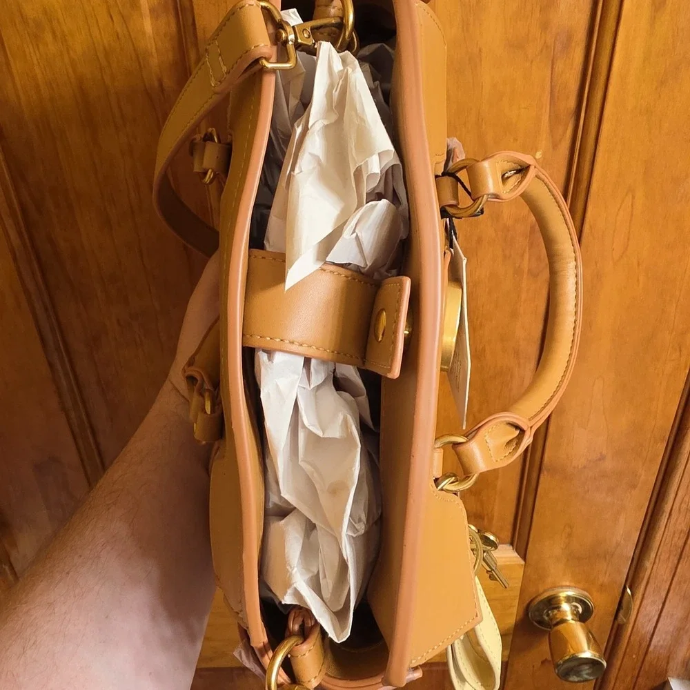 Steve Madden Medium Satchel Handbag Women Tan Faux Leather Gold Hardware New